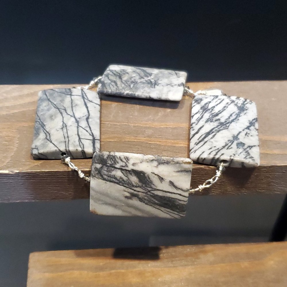 8 Inch 925 Sterling Silver Large Jasper Stones Bracelet